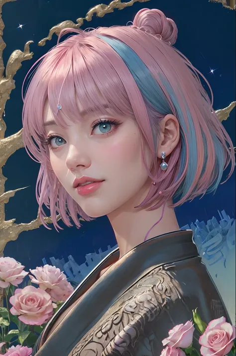 ID photo、realisitic、Transcendent beauty、8K、4K、Pink and blue hair、bobhair（Cut Bob）、Lustrous hair、Brand Face、dual、Pottery lips、（realisitic、photo realistic1:1）（Look at viewers）、High quality、masutepiece、（Metaverse Background）、Masterpiece