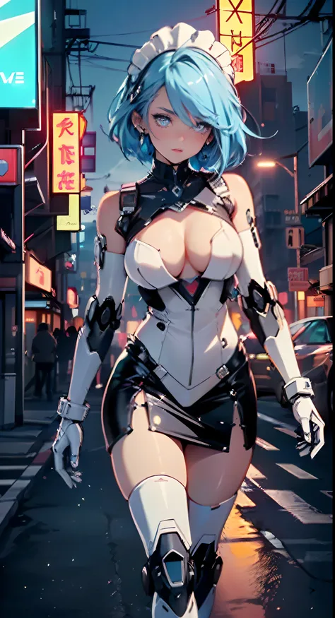 reelmech,cyborg girl,(cyborg girl:1.5),
maid android,(((1girl))),((anime mechanical robot girl with extremely cute and beautiful pale blue hair hair walking seductively down the street)),

(large breasts:1.4),saggy breasts,(((pale blue bob hair:1.35,colore...