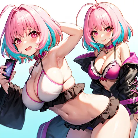 YumemiRiamu,1girl, 1girl, yumemi riamu, breasts, pink hair, swimsuit, bikini, solo, phone, ahoge, white background, large breasts, multicolored hair, simple background, cellphone, looking at viewer, two-tone hair, from_side