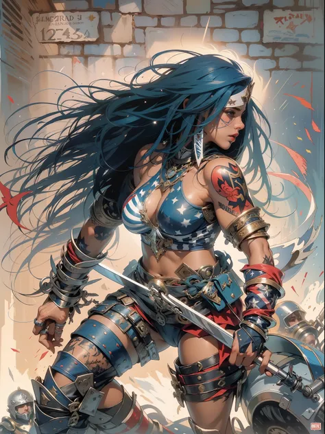 (((mulher))), (((melhor qualidade))), (((obra prima))), (((adulto))), Uma pirata mulher de 35 anos com corpo perfeito, Gladiadores do Brooklyn, (( sob os peitos )), quase nua no estilo selvagem urbano de Simon Bisley para a capa da revista Heavy Metal, cab...