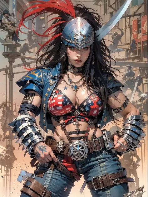 (((mulher))), (((melhor qualidade))), (((obra prima))), (((adulto))), Uma pirata mulher de 35 anos com corpo perfeito, Gladiadores do Brooklyn, (( sob os peitos )), quase nua no estilo selvagem urbano de Simon Bisley para a capa da revista Heavy Metal, cab...