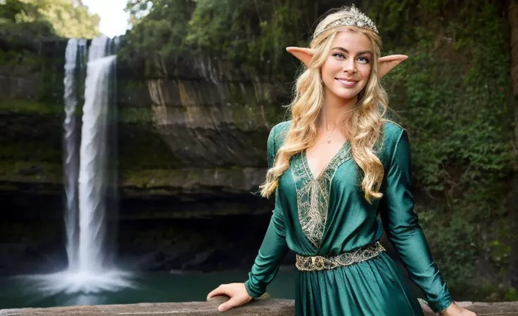 Only 1 arafed woman in a green dress with a waterfall in the background, de corpo inteiro, muito bonito Rio top model, Bela Sci - Fi-twins, elven character with smirk, Elven Princess, beautiful elven princess, of elven queen galadriel, cosplay realista, bl...