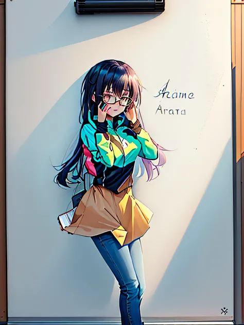 A painting of a girl wearing glasses and a jacket holding a mobile phone, anime sketch, an anime drawing, anime moe art style, comic drawing, Anime Paintings, clean anime outlines, An anime girl, anime style drawing, Anime girl, flat anime style shading, m...