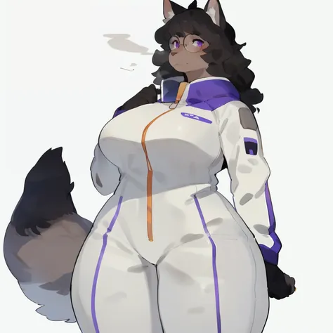 by bebebebebe, by goonie-san, by bigcozyorca, by buta99, solo, female, standing, feline, (((detailed eyes, glasses))), thick thighs, thicc, plump, medium hair, ((snout)), tail, smoky colored fur, brownish grey fur, black hair, ((wavy hair)), purple eyes, w...