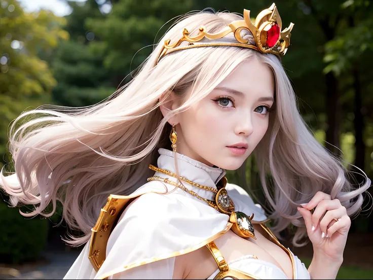 (masutepiece), Professional , ​masterpiece、top-quality、photos realistic , depth of fields （Gemstone Silver Metal Body:1.９),(Matte White、Jewel Gold Weapon、（Gorgeous castle background）、（ultimate beauty girl）、（Jewel Metal Body:1.４),Gorgeous Jewel Metal Weapon...