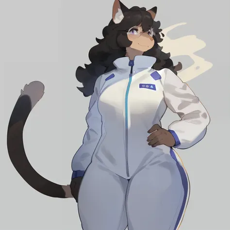 by bebebebebe, by goonie-san, by bigcozyorca, by buta99, solo, female, standing, feline, (((detailed eyes, glasses))), thick thighs, thicc, plump, medium hair, ((snout)), tail, smoky colored fur, brownish grey fur, black hair, ((wavy hair)), purple eyes, w...