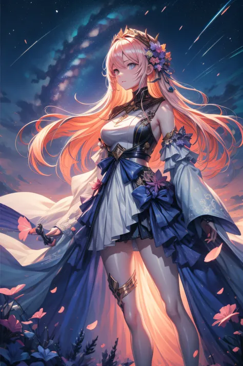 one-girl, looking at the stars, There are meteors slipping, Jellyfish head, Long lavender hair, Dynamic hair, There are stars in the eyes, UHD, masterpiece, anatomically correct, high details, super detail