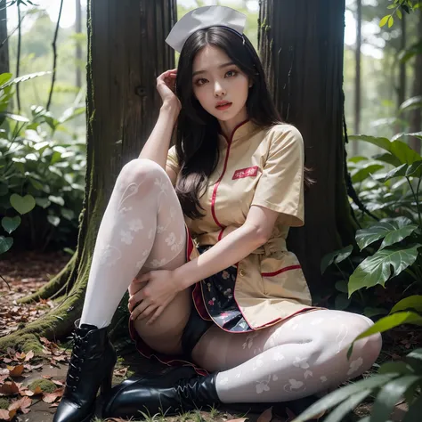 (full body:1.5)，(1girl:1.3),(view the viewer:1.4)，(anatomy correct:1.45),(Sitting in the middle of the forest path:1.3),(very thick printed pantyhose:1.4),( Chinese woman Wear printed fantasy nurse style JK student uniform pleated skirt and uniform pointed...