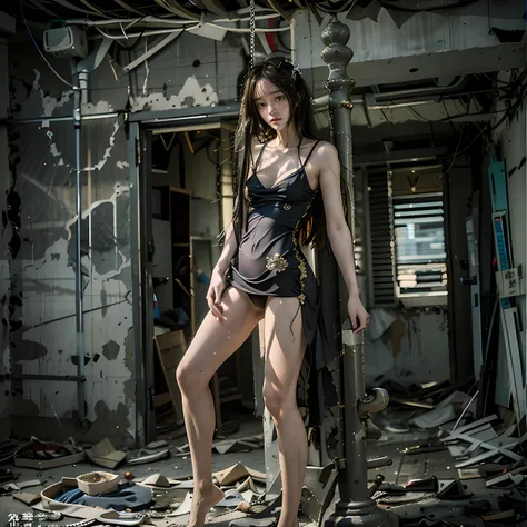 abandoned building，Sexy standing pose，full-body portraits（1：1），18 years old girls，Slender and slender figure，Skinny，As thin as a whipping post，Smaller bust，The barefoot，Random nudity all over the body，exhibitionists，Random exposure of genitals，face to the ...