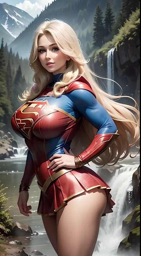 Lucy Pinder as a beautiful Supergirl, busty, blonde flowing hair, smiling, standing near a waterfall, wearing full Supergirl costume, in a forest, front view, mountains in background, full body image, graceful