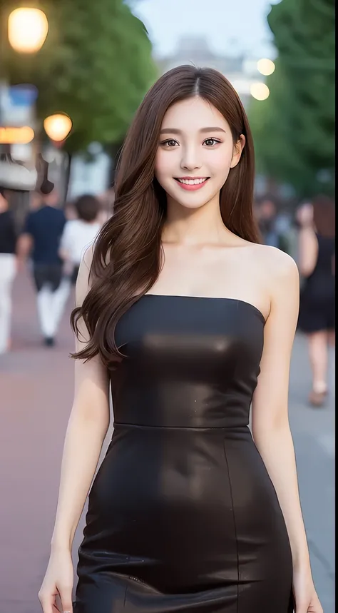 ((Best quality, 8k, Masterpiece :1.3)), 1girl, smiling, full body, slim face, Pretty woman, (Dark brown hair), full length dress :1.1, Ultra-detailed face, Detailed eyes, Double eyelid, blur background, slim face, city, outside, street,