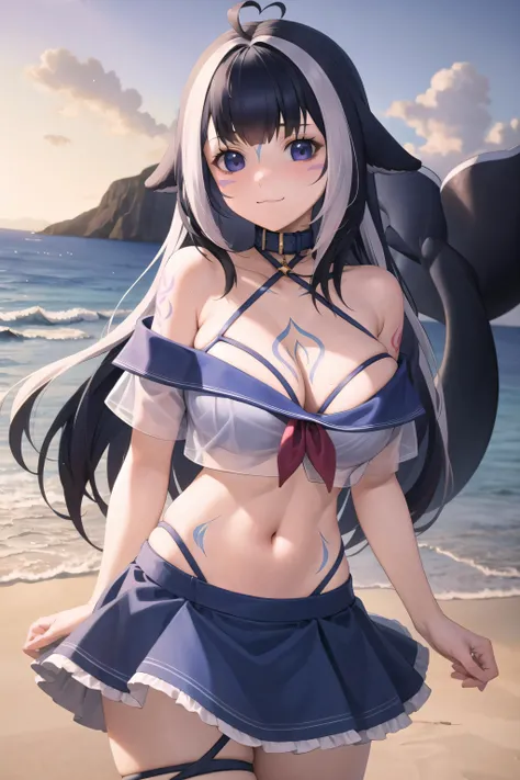 (masterpiece), (ultra-detailed), best quality, 8k, 1girl, solo, beach, ocean, shylilyfirst, :3, large breasts, cleavage, skirt, shirt, bikini, bikini under clothes, off-shoulder, see-through, see-through shirt, thigh strap, navel, sailor collar, school uni...