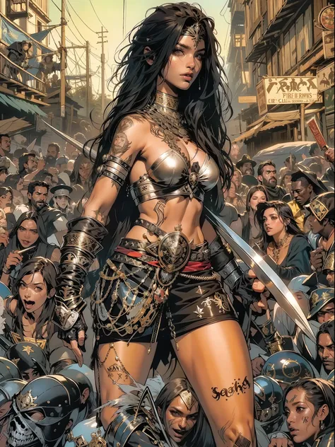 (((mulher))), (((melhor qualidade))), (((obra prima))), (((adulto))), Uma pirata mulher de 35 anos com corpo perfeito, Gladiadores do Brooklyn, (( sob os peitos )), quase nua no estilo selvagem urbano de Simon Bisley para a capa da revista Heavy Metal, cab...