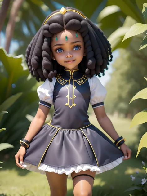 Loli menina negra, adolescente, guerreiro, universo de fantasia, vestido longo preto, sorriso claro, turbante, roupas afro, princesa, blurry, cabelo castanho, cabelo preto, fundo simples e branco (belo rosto detalhado), (belos olhos detalhados),