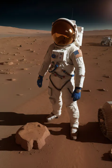 "a man in a spacesuit in the foreground observes a base on Mars, next to him a parked rover, high technical detail, high definition, photorealistic"