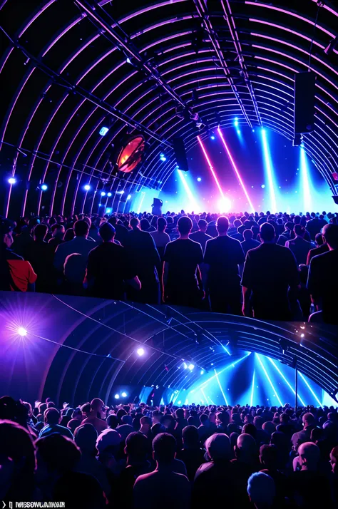 there is a large room with many dancing people, interior of the hall in area 55, covered outdoor stage, abandoned night hangar, stage at a club, inside futuristic hangar, stage, interior view, d. i. y. venue, moving lights inside facility, huge speakers, i...