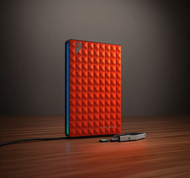 An external hard drive on the smooth-textured wooden office desk in a computer room. The picture is clear (Sharp: 0.7) and displays a colorful explosion of psychedelic paints (cores: 1.21), With incredible detail. Na mesa, Accessories include the Nikon D85...