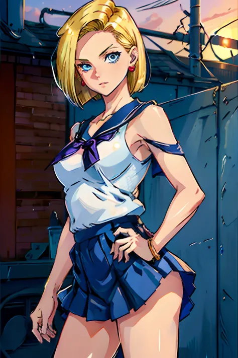 best quality, highres, and18, 1girl, android 18, solo, blonde hair, blue eyes, short hair, earrings, jewelry, medium breasts, cowboy shot, street, (school uniform:1.2), off-the-shoulder, sunset,