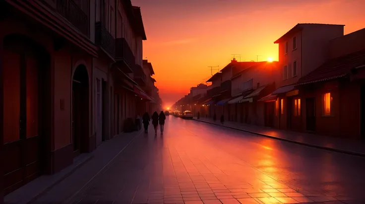 sunset, in mysterious city, faded, epic realistic, warm lights, dramatic light, rutkowski