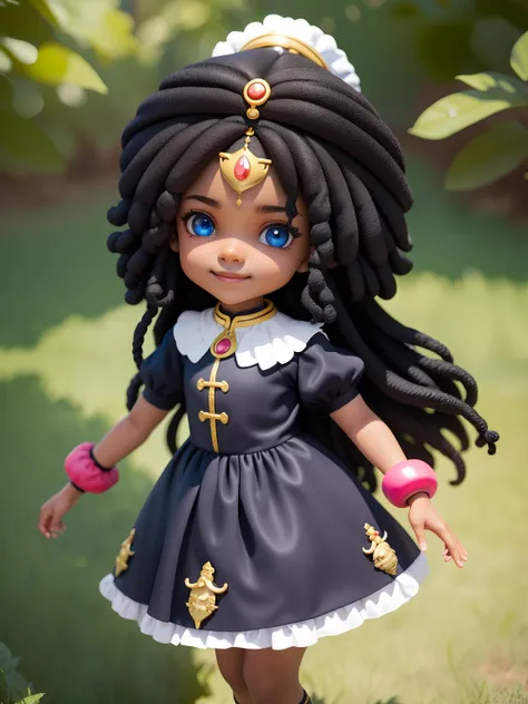 Loli menina negra, adolescente, guerreiro, universo de fantasia, vestido longo preto, sorriso claro, turbante, roupas afro, princesa, blurry, cabelo castanho, cabelo preto, fundo simples e branco (belo rosto detalhado), (belos olhos detalhados),