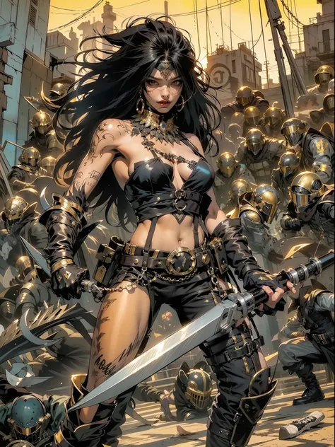 (((mulher))), (((melhor qualidade))), (((obra prima))), (((adulto))), Uma pirata mulher de 35 anos com corpo perfeito, Gladiadores do Brooklyn, (( sob os peitos )), quase nua no estilo selvagem urbano de Simon Bisley para a capa da revista Heavy Metal, cab...