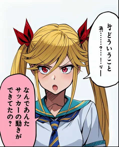 a anime of a girls manga, blonde hair color, hair ribbon, angry, jealous, open mouth, white shirt, tie, school uniform, text manga, color manga, manga color, color manga, color manga panel, simple background