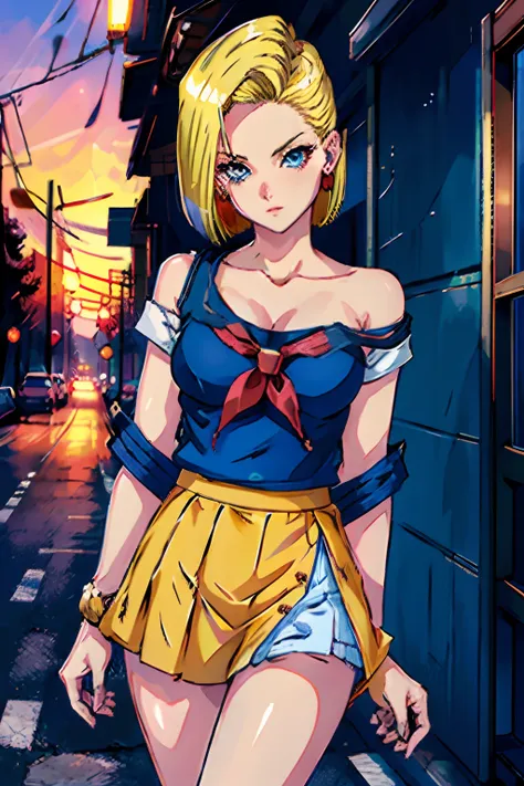 best quality, highres, and18, 1girl, android 18, solo, blonde hair, blue eyes, short hair, earrings, jewelry, medium breasts, cowboy shot, street, (school uniform:1.2), off-the-shoulder, sunset,