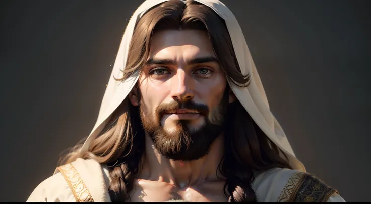 Jesus Christ in his glory facing the camera with shy smile and sensitive gaze, roupa branca, cabelos longos, olhos azuis, medium beard, foto de alta qualidade, High definition photo