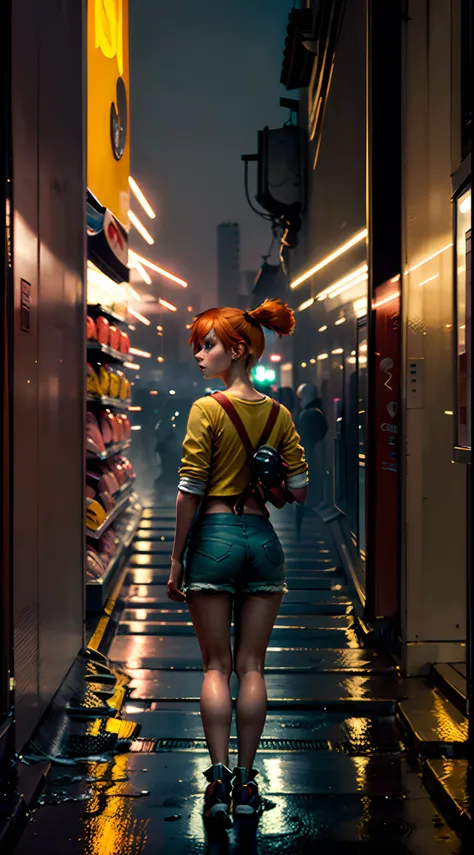 masterpiece, best quality, highres, 1girl, misty (pokemon), orange hair, yellow tops, full body view, standing in urban city,wit...