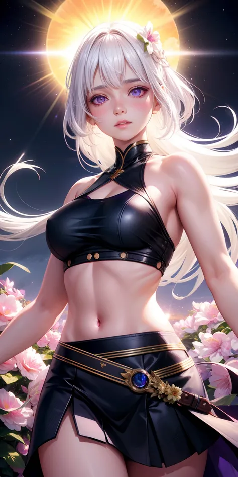 realistic, 1girl, white hair, purple eyes, glowing eyes, crop top, skirt, parted lips, blush, night, flowers, sun, sunlight,