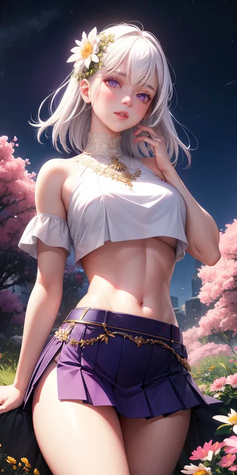 realistic, 1girl, white hair, purple eyes, glowing eyes, crop top, skirt, parted lips, blush, night, flowers, sun, sunlight,