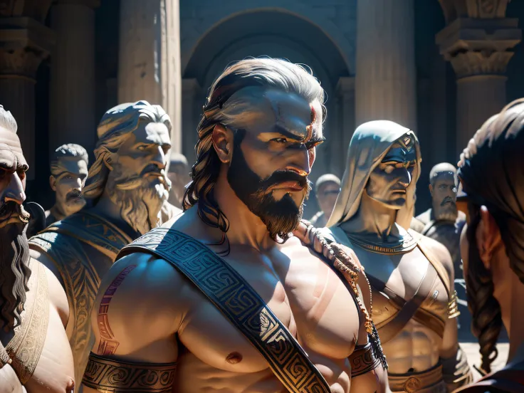 Create a captivating 8K image featuring a lineup of influential Greek figures from the 3rd century BC, transformed into statues within a scene that draws inspiration from the dramatic visuals of God of War. Surround the statues with an air of mystique thro...