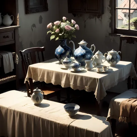 Dilapidated houses，Square table，A tablecloth covered with a pattern，Exquisite ceramic cup, ceramic bowl, ceramic bottle on table，A few bouquets of flowers，Vivid and beautiful，A light shone on the table from outside the house，particle fx，Exquisitely，the det...