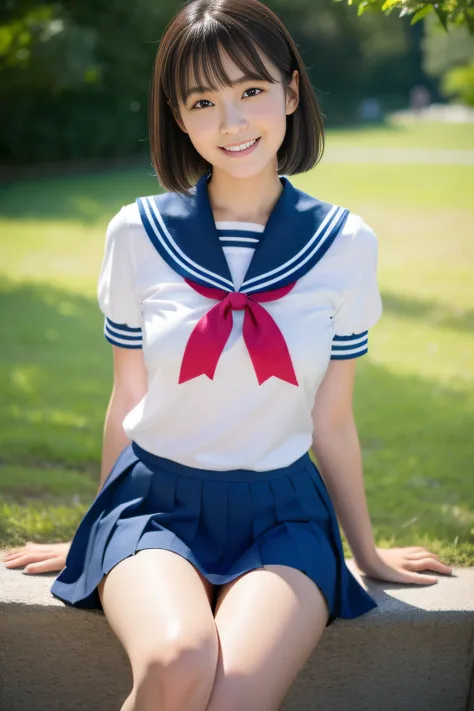 (​masterpiece, top-quality, Hi-Res), A Japanese Lady,Late teens、 1girl in, Idol cuteness:1.5, Beautiful face:1.5、bob、Dark brown hair、 Smile embarrassedly、Sense of cleanliness、Girls High School Uniform, 独奏, Blue sailor color, Sailor collar, serafuku, a blue...