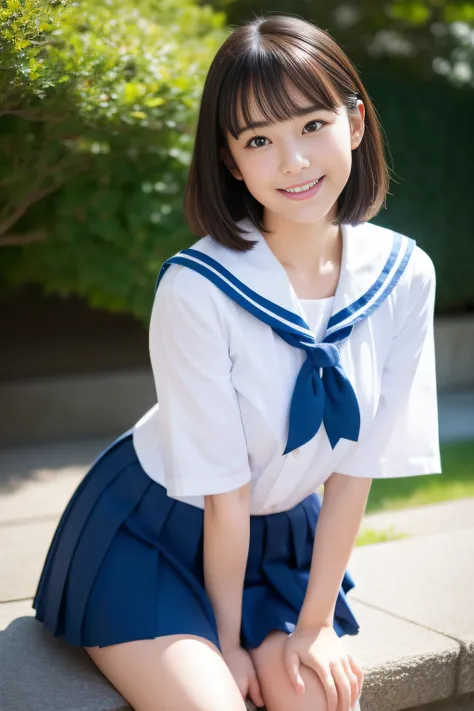 (​masterpiece, top-quality, Hi-Res), A Japanese Lady,Late teens、 1girl in, Idol cuteness:1.5, Beautiful face:1.5、bob、Dark brown hair、 Smile embarrassedly、Sense of cleanliness、Girls High School Uniform, 独奏, Blue sailor color, Sailor collar, serafuku, a blue...