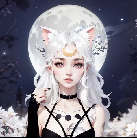 (Anthropomorphic wolf cute cub) orelhas de lobo,com jaqueta preta, olhos rosa e branco , heterocromia nos olhos ,cabelo platinado cacheados com pontas roxas,bad girl, Moon birthmark on forehead 🌕🌙,🌙, Hibrido,jovem, retrato, busto, postura de frente para a ...