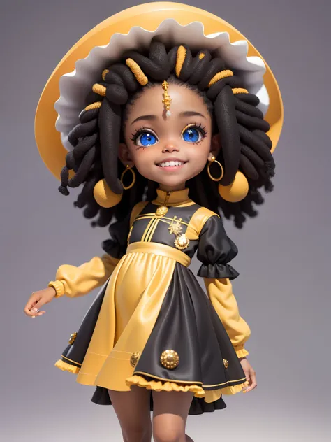 Menina negra, loli, vestido longo e detalhado em dourado, sorriso claro, turbante, roupas afro, princesa, blurry, cabelo preso, dreads ,cabelo preto, fundo simples e branco (belo rosto detalhado), (belos olhos detalhados),