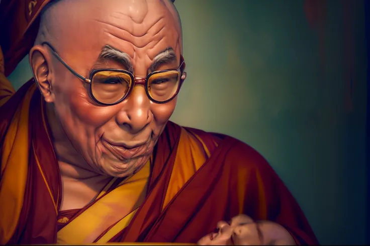 (((Dalai Lama Tenzin Gyatso))), portrait painting, realistic style, soft lighting, serene expression, peaceful atmosphere, vibrant colors, harmonious composition, spiritual aura.