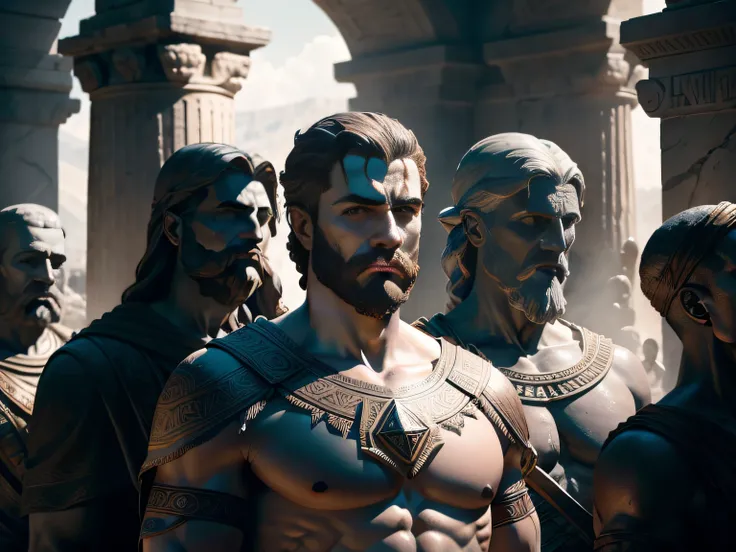 Create a captivating 8K image featuring a lineup of influential Greek figures from the 3rd century BC, transformed into statues within a scene that draws inspiration from the dramatic visuals of God of War. Surround the statues with an air of mystique thro...