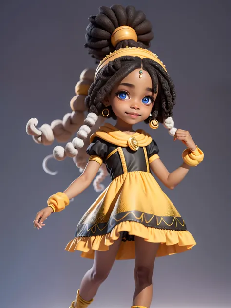 Menina negra, loli, vestido longo e detalhado em dourado, sorriso claro, turbante, roupas afro, princesa, blurry, cabelo preso, dreads ,cabelo preto, fundo simples e branco (belo rosto detalhado), (belos olhos detalhados),