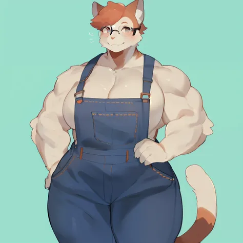 by bebebebebe, by goonie-san, by bigcozyorca, by buta99, solo, female, standing, feline, (((detailed eyes, glasses))), thick thighs, thicc, plump, ((snout)), only wearing denim overalls and nothing else, cleavage, (((muscular))), (hair)