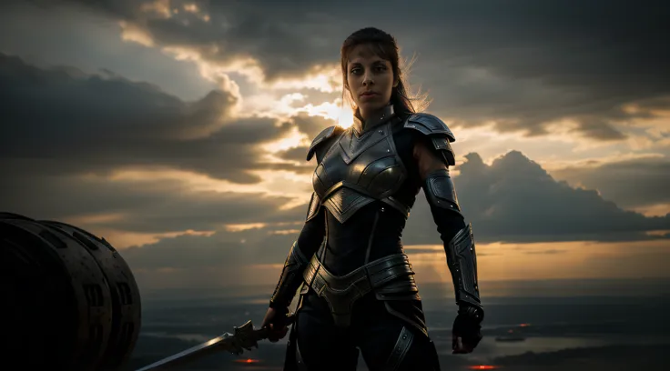 "(meticulously detailed futuristic warrior woman, wielding weapons:1.2), close-up focus, dynamic angle, (wide open vista:0.9),(engaging perspective:0.9), dramatic sky, cinematic lighting, striking silhouette."