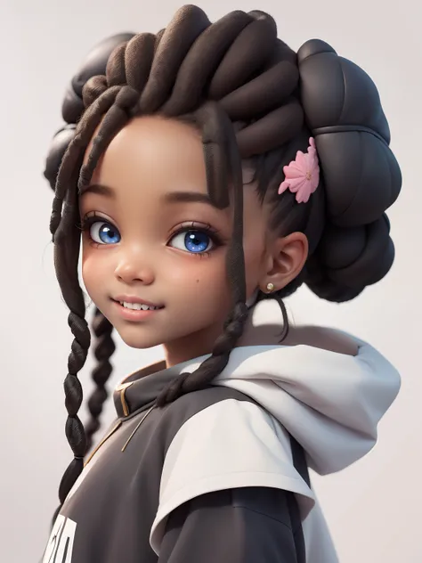 Menina negra, loli, moletom e capuz e detalhado em dourado, sorriso claro, turbante, roupas afro, princesa, blurry, cabelo preso, dreads ,cabelo preto, fundo simples e branco (belo rosto detalhado), (belos olhos detalhados),