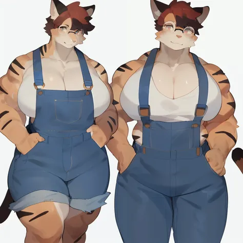 by bebebebebe, by goonie-san, by bigcozyorca, by buta99, solo, female, standing, feline, (((detailed eyes, glasses))), thick thighs, thicc, plump, ((snout)), only wearing denim overalls and nothing else, cleavage, (((muscular))), (hair)