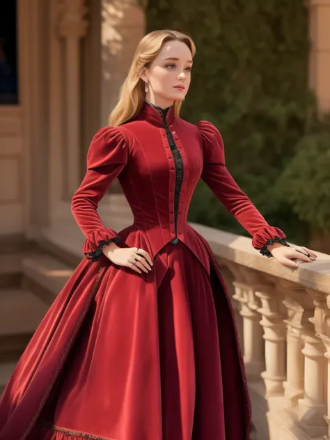 Serious Greer Grammer wearing a Victorian riding habit of crimson velvet suitable for a Princess, with voluminous puffed sleeves and an hourglass waist, divided riding skirt