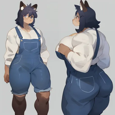 by bebebebebe, by goonie-san, by bigcozyorca, by buta99, solo, female, standing, feline, (((detailed eyes, glasses))), thick thighs, thicc, plump, ((snout)), only wearing denim overalls and nothing else, cleavage, (((muscular))), (hair)