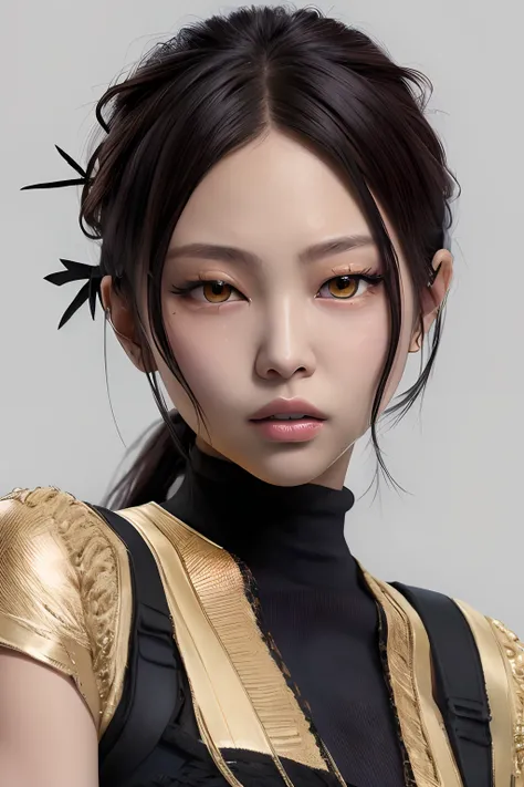 Kim Jennie, Yoruichi, realistic, ultra detailed face, detail eyes, ((best quality)), ((masterpiece)), (detailed), yellow eyes, anime, highly detailed eyes,