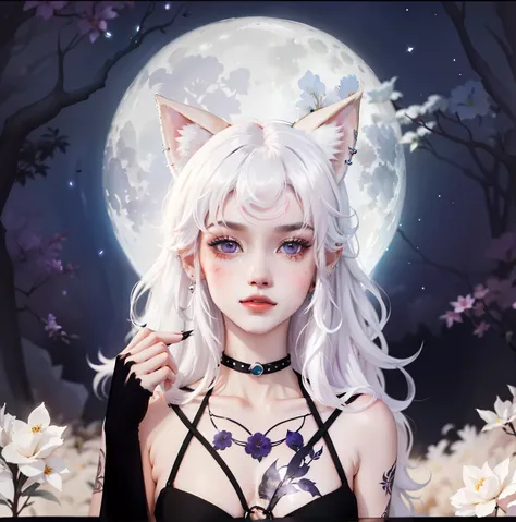 (Anthropomorphic wolf cute cub) orelhas de lobo,com jaqueta preta, olhos rosa e branco , heterocromia nos olhos ,cabelo platinado cacheados com pontas roxas, dois coques a parte do cabelo solto curto cacheado, franja longa de lado,bad girl, Moon birthmark ...