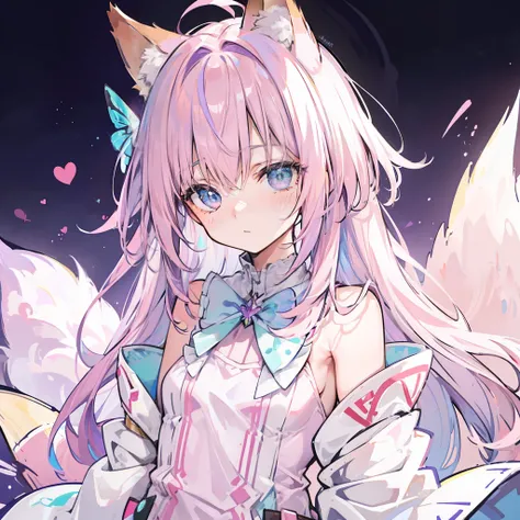 Against the background of the stars of the Heavenly Universe，A messy head，Pink and purple gradient hair，Acne-grown fox ears and fox tail，Pupils in pink color，There is a pair of blue-green butterfly wings on the back，Dressed in light cream white clothes，is ...