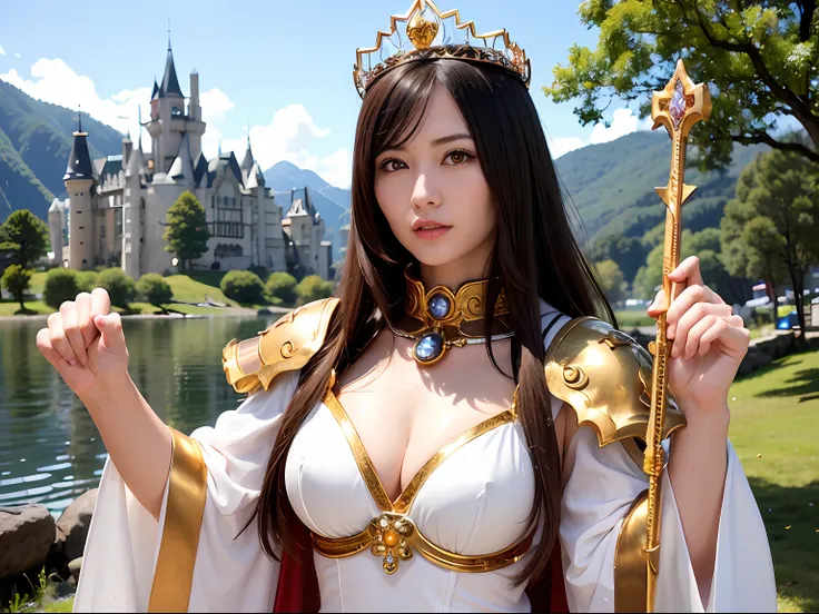 (masutepiece), Professional , ​masterpiece、top-quality、photos realistic , depth of fields （Gemstone Silver Metal Body:1.９),(Matte White、Jewel Gold Weapon、（Gorgeous castle background）、（ultimate beauty girl）、（Jewel Metal Body:1.４),Gorgeous Jewel Metal Weapon...